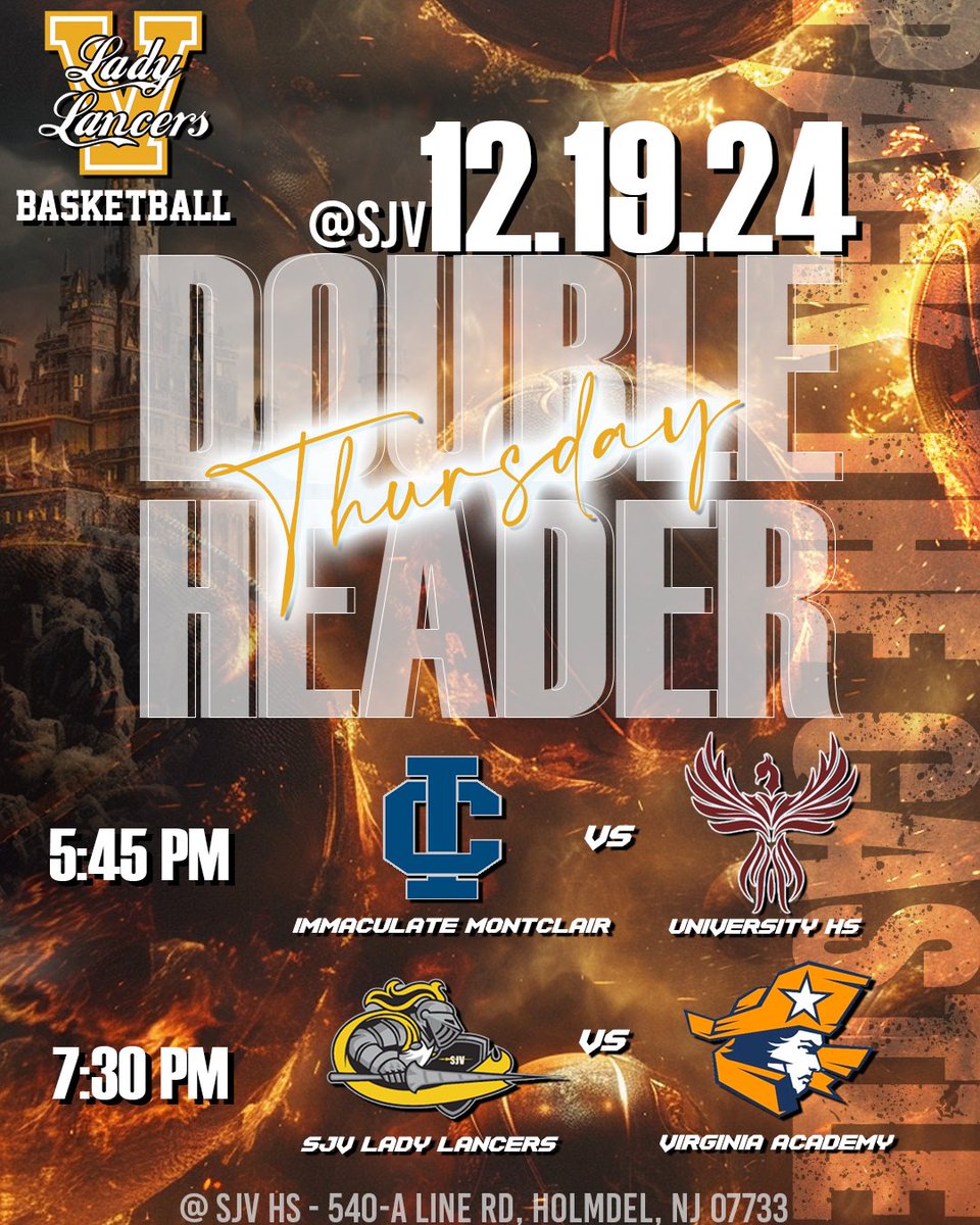 🌟PACK THE 🏰🌟 clear your schedules this Thursday &amp; come watch great basketball!  The SJV Lady Lancers presents a great double header this week -Immaculate Conception Montclair vs University at 5:45 PM, then at 7:30 PM our SJV Lady Lancers vs Virginia Academy at 7:30!  Let’s Go!