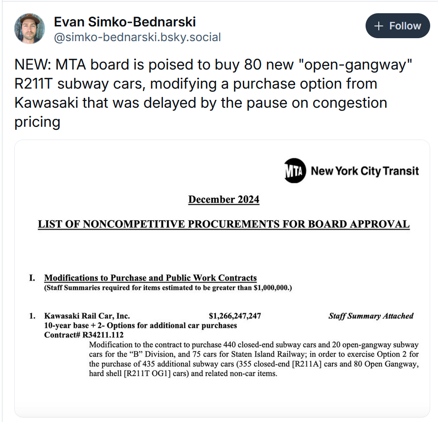 While it's good that the MTA is ordering at least some more R211s with  open gangways, they should be the entire order, not only a minority.

There's no reason beyond organizational inertia not to move to more passenger-friendly, safer open gangway cars like so many other systems