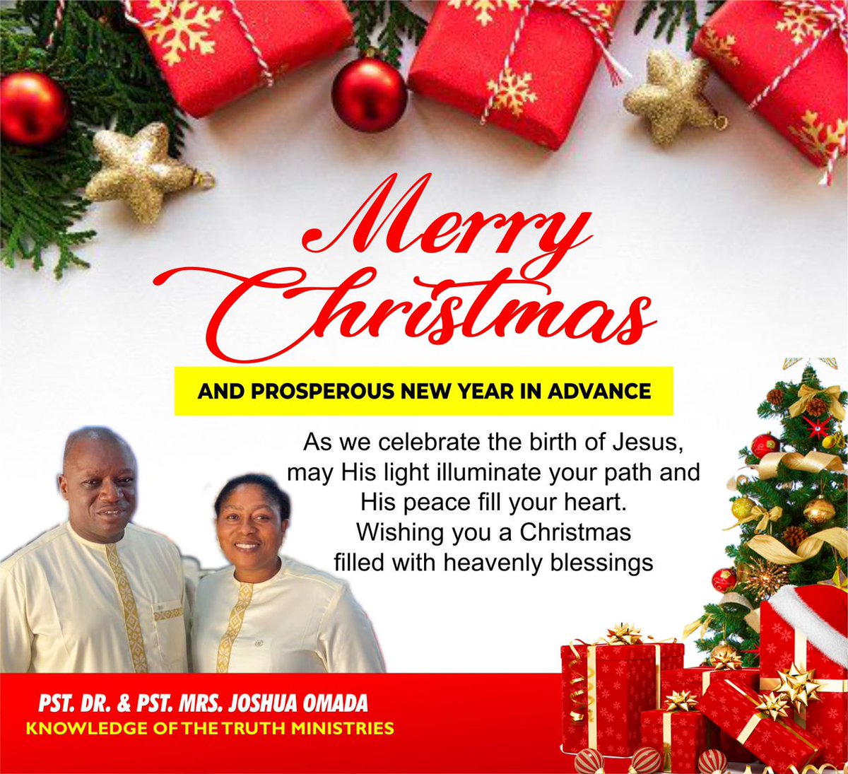 JoshuaOmada's tweet photo. As we celebrate the birth of Jesus, may His light illuminate your path and His peace fill your heart. 
Wishing you a Christmas filled with heavenly blessings. 
#MerryChristmasAndProsperousanewYearInAdvance
#PstDr &amp; #PstMrs Joshua Omada https://t.co/aPylRWcobl