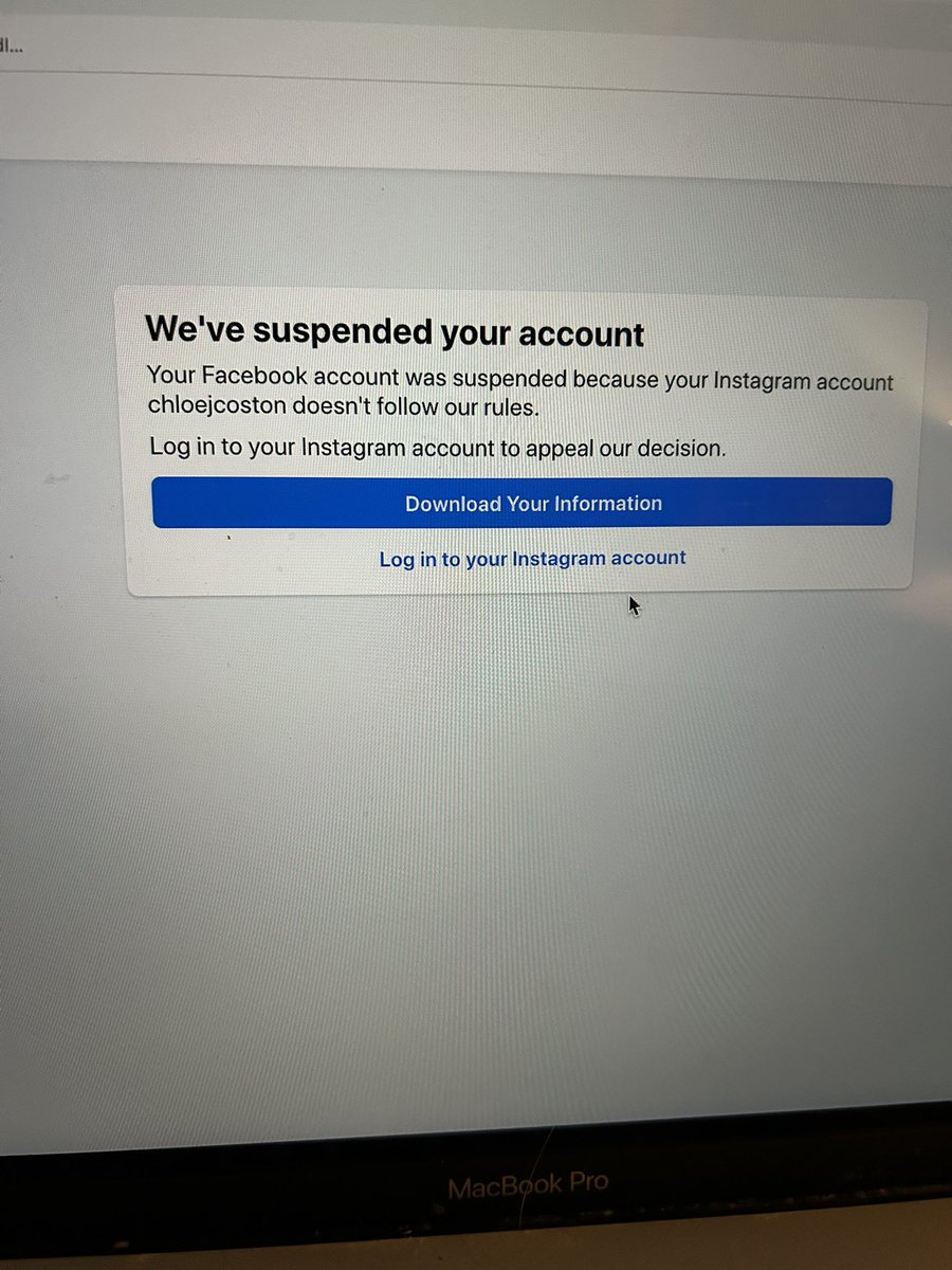 Chloee96x's tweet photo. Does anyone know how I can I appeal my Facebook account suspension? It’s comes up this when I try to log in to my Facebook but when I log into my Insta like it says there’s no option to appeal their decision… what do I do!? #facebook #facebooksupport https://t.co/B7ey6Du19c