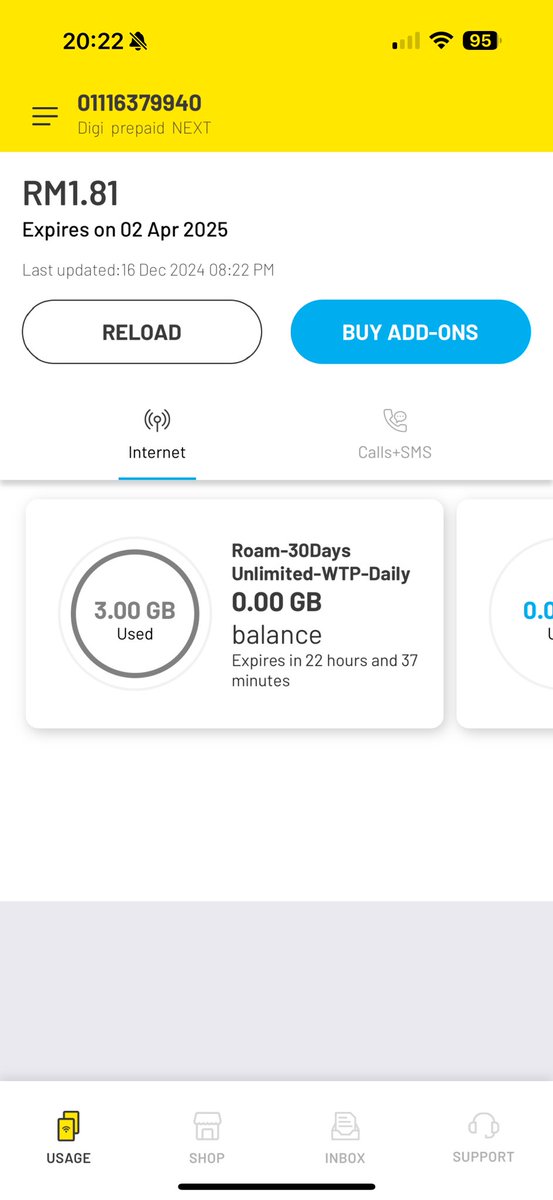 awramnmhd's tweet photo. benda daripada semalam lagi, sampai semalam aku terpaksa add ons roaming data 5GB sebab tak sampai 30 minit ttbe dia ckp dh 100% 

@CelcomDigi 

Tolonglah time awal awal dulu elok je boleh tahan 3Gbps tu satu hari skrg ni ttbe x sampai 1 jam asik hbis https://t.co/p0DXE17U15