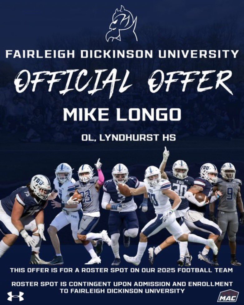 MLongo1215's tweet photo. After a great Official Visit and conversation with @CoachPonts , I am blessed to receive my first Official Offer to play football at Fairleigh Dickinson University. @CoachAVC_FDU @FDUFootball @CoachTuero https://t.co/4MTblR0vLx