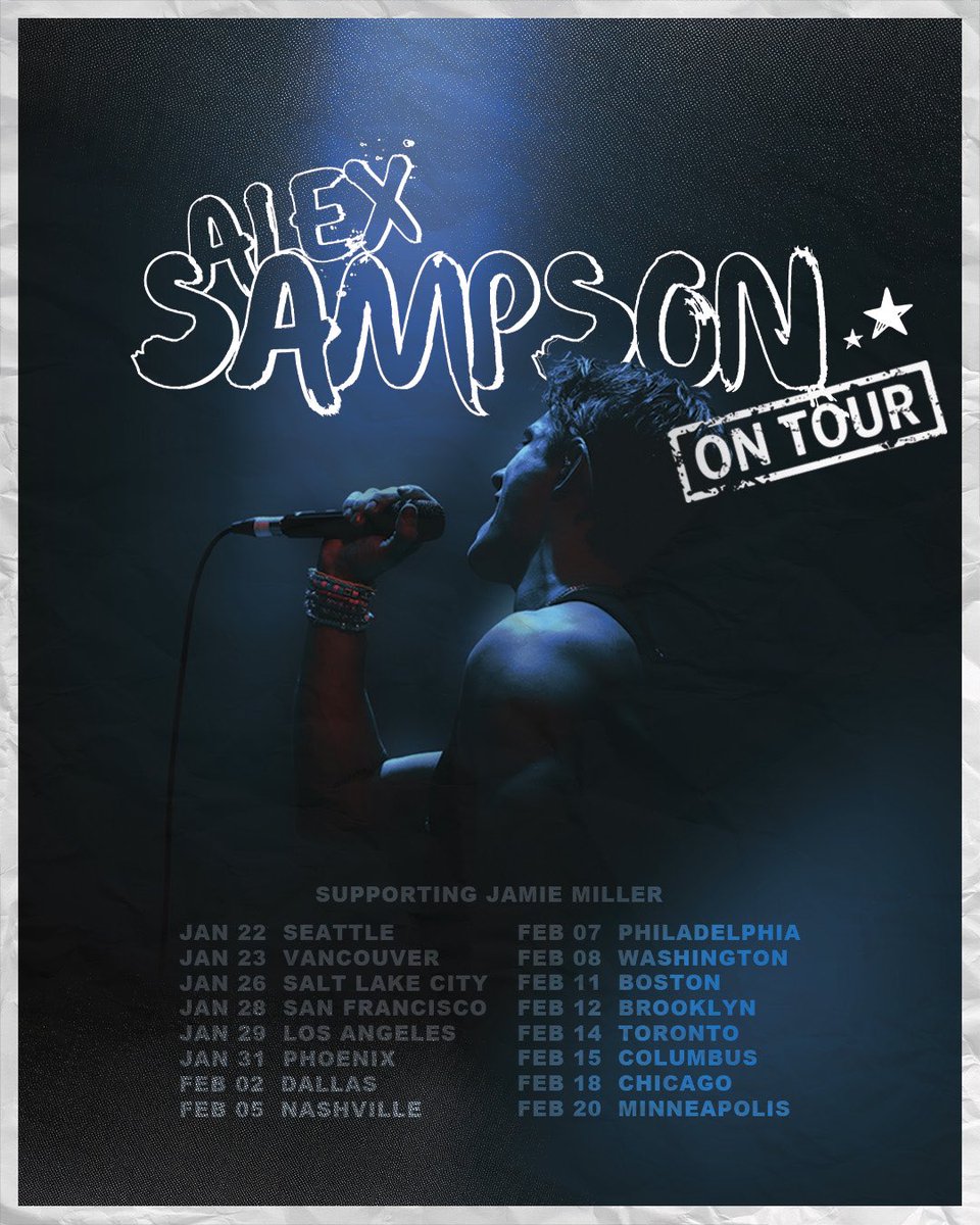 Alex Sampson ✞ (@alexsampson) on Twitter photo Excited to announce that I’m opening for my amazingly talented friend <a href="/jamiemiller/">Jamie Miller</a> in the new year! I’ve been itching to get back on the road ever since I got off. I cannot wait to see all of your faces and sing for you, dance with you, maybe even cry a lil with you. Who knows? Excited to announce that I’m opening for my amazingly talented friend <a href="/jamiemiller/">Jamie Miller</a> in the new year! I’ve been itching to get back on the road ever since I got off. I cannot wait to see all of your faces and sing for you, dance with you, maybe even cry a lil with you. Who knows?