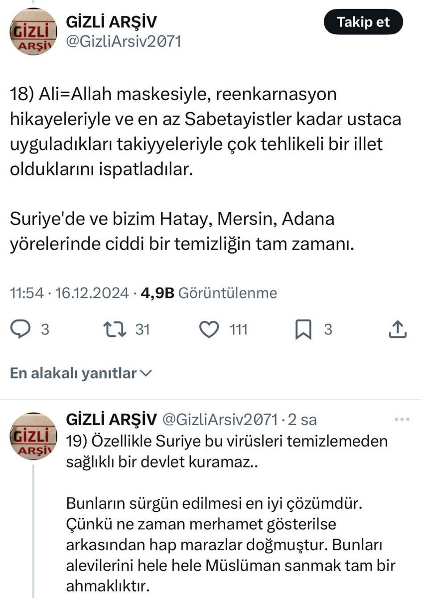 klcmesutklc's tweet photo. Açık konuşalım: 
Ali sembolüne atfedilen ilahi kutsiyet de, Reenkarnasyon, yani don değiştirme, yani devriye de tüm Aleviler okatak, inancımızın olmaz ise olmazıdır. 
Kaybettiklerimizin ardından Devri daim olsun dediğimiz de budur., reenkarnasyon inancıdır.

"Hak Muhammed buyurdu ki Yektir Ali bir dedi
Hem evveli hem ahiri her şeye kadir dedi
Ali'ye şirk koşanlar mutlaka kâfir dedi

Hem sakidir hem bakidir nur-ı Rahman'ım Ali
Yetiş carımıza kurtar meded mürüvvet ya Ali" dediğimiz de budur.

Sizin iddia ettiğiniz gibi, kızdığını yakan, sevdiğine kadın dağıtan, gökteki kral tanrıya inanmak zorunda mıyız? Bizim sırlarımızı anlayabilmenizi beklemiyoruz. Biz kimsenin inancına karışmıyoruz, kimsenin de bizim neye inanıp, nasıl yaşadığımızı sorgulamaya kalkmak haddi değildir.

Yüzlerce açık katliam çağrısı, binlerce nefret söylemlerinin hepsini tarih tarih, tek tek Not ediyoruz. Bunlar hakkında hiçbir soruşturma açılmamış olmasını da yine Not ediyoruz. Alevi toplumuna yapılacak herhangi bir saldırının bütün sorumlularını dünya kamuoyuna duyurabilecek kadar delil, belge elimizde var. Yetkililer bu soytarılara engel olamazsa, Alevi soykırımına davet ve devletin buna göz yumması suçu, tüm Dünya kamuoyunda bu yetkililerin de yakasına yapışacaktır. Bu çağrıları ve provokasyonları yapan trollerin siyasal eğilimleri ve beslendikleri merkezler liste liste delillendirilerek, çağrıların arkasında hangi siyasi aktörlerin olduğunu da belgelendirebiliyoruz. 

Biz buyuz, olduğumuz gibiyiz. Hiçbir yere de gitmeyeceğiz. Gözlerinizin içine baka baka, kimliğimizi ve inancımızı savunmaya devam edeceğiz. Gücünüzün bize yetmeyeceği bir yana, ülkeyi ateş topuna atmak isteyenleri uluslararası mahkemelerde yargılatacak dosyaları da çoğaltarak biriktiriyoruz. Herkes aklını başına alsın. Gittiğiniz yol yol değil, geç olmadan vazgeçin.