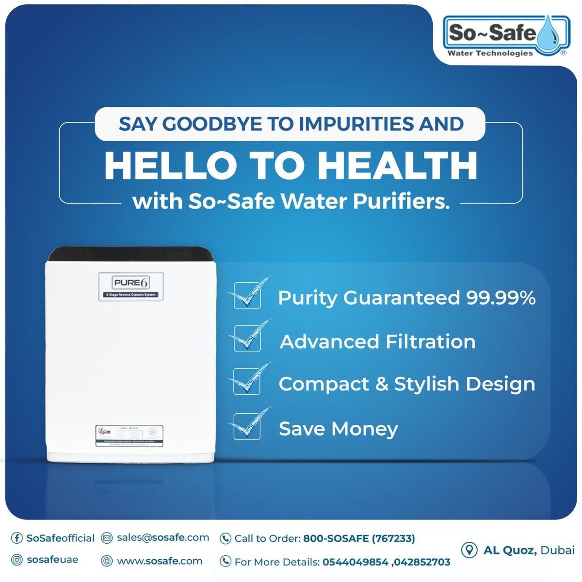 sosafeuae's tweet photo. PURE6 is a 6 Stage Reverse Osmosis (RO) System designed to filter the most common water pollutants in the domestic water supply system. PURE6 modular design can filter out deposits such as sediments, chemicals and salts. https://t.co/Zw8SpyqbTl