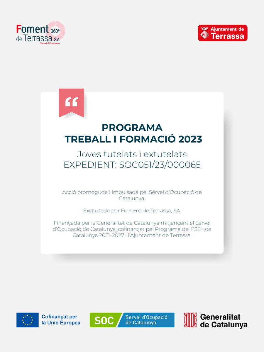 ✅ El projecte de contractació de Treball i Formació de joves tutelats i extutelats finalitza la seva tercera edició amb la participació de 7 persones joves contractades durant 12 mesos
#FomentdeTerrassa #localitzemocupacio #Terrassa #buscoempleo