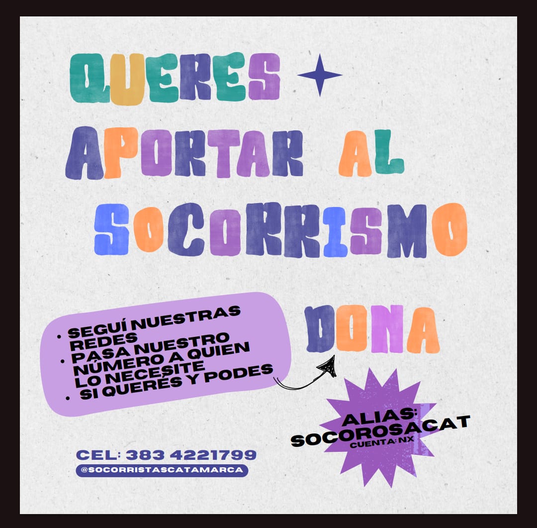 Nuestro trabajo es voluntario y está lleno de ternura 😊
Si querés colaborar con nosotres:
- Seguí nuestras redes
- Pasa nuestro número a quien lo necesite
- Si querés y podes...DONA

Alias: SOCOROSACAT 
Cuenta: NX