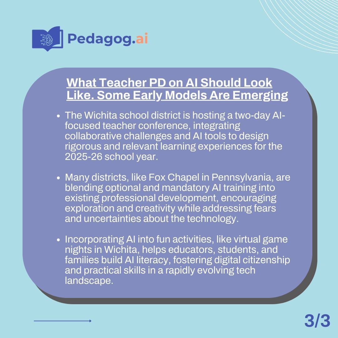 _pedagogy's tweet photo. 📘 AI in Education This Week 

- Reimagining Standardized Tests: AI could enhance efficiency and feedback but faces ethical hurdles. https://t.co/5PpEifUxBE.  
- AI in School Operations: From budgeting to bus routes, AI is streamlining systems with human oversight. https://t.co/Uec06IetkT.  
- Teacher PD on AI: Districts like Wichita lead innovative training programs to integrate AI into classrooms. https://t.co/wvA58Ll2EE.  

#AIinEducation #TeacherPD #EdTech