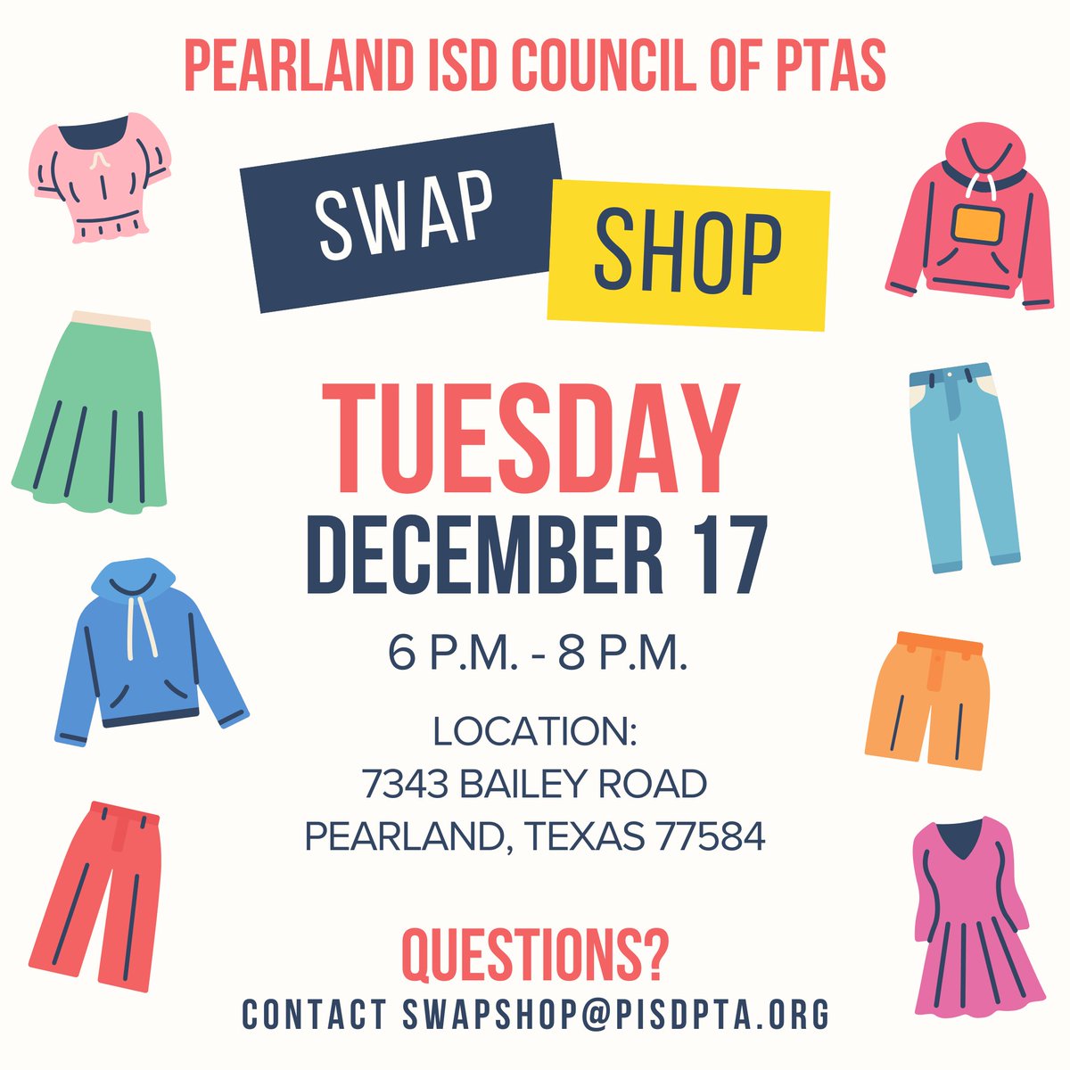 👕👖Looking to update your child’s wardrobe on a budget? The Pearland Council of PTAs’ Swap Shop will be open Tuesday. Parents may donate/exchange gently-used clothes for their children to wear to school. Learn more: ow.ly/GOpW50SNaBA
