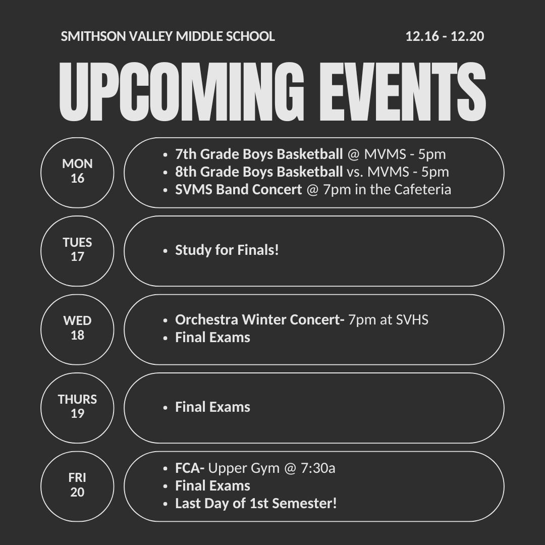 svmsmustangs's tweet photo. 🎄 Week at a Glance: Almost to Christmas Break! 🎄

#SVMSMustangs #ComalISD #TodayInComal #GrowingGreatness https://t.co/oRcpkEOzsL