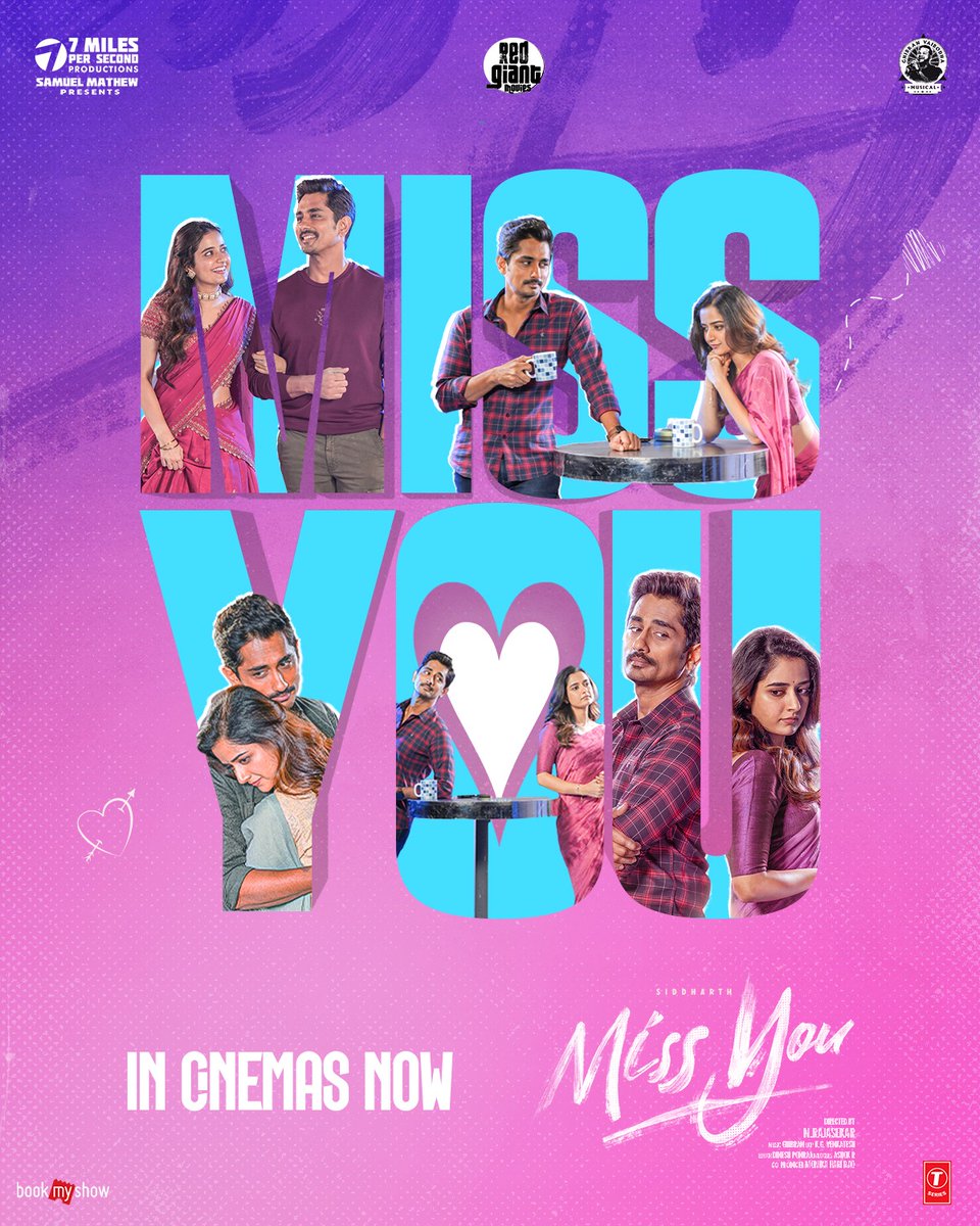 7mpsProductions's tweet photo. Two people. Two perspectives. One beautiful love story❤️
Catch us in theatres now!
https://t.co/OENytaOuOH
#MissYouRunningSuccessfully🎬
#Siddharth @RedGiantMovies_ @cvsam @Dir_RajasekarN @AshikaRanganath @GhibranVaibodha @Ayngaran_offl #Maaran
@johnsoncinepro @gobeatroute https://t.co/7S1YmiuzVy