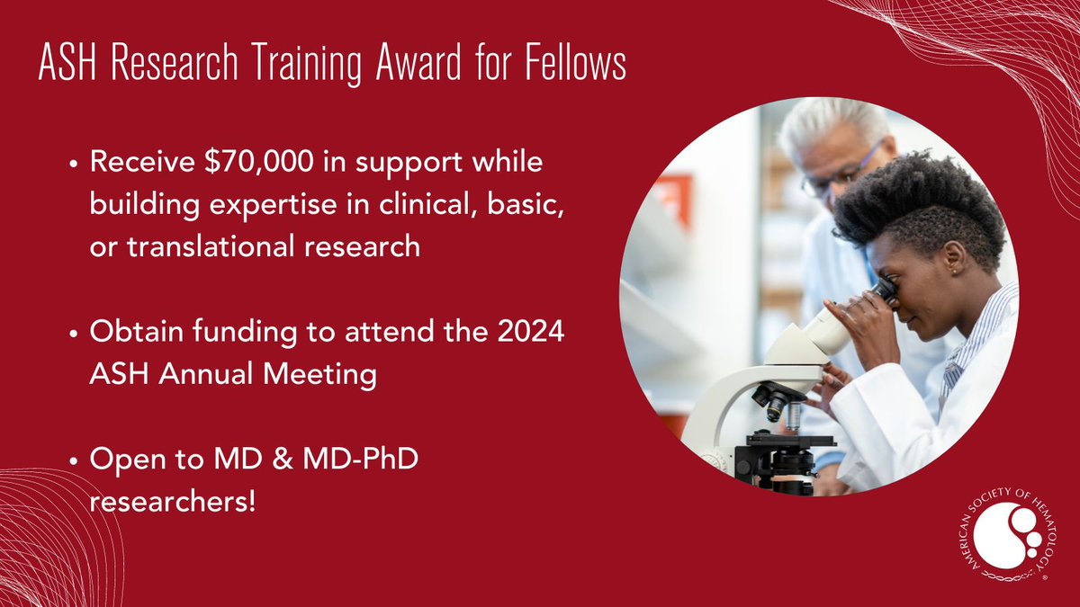 Get protected research time to set you on the path of becoming an independent hematology investigator.

Fellows, apply now! ow.ly/s95h50TuiKt #ASHTrainee #Fellowship #MedTwitter