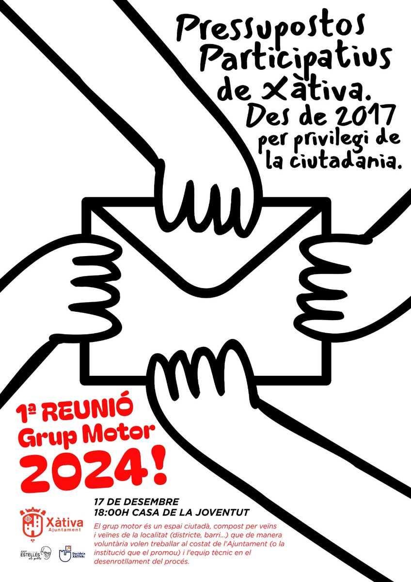 🗳️Demà tindrà lloc la primera reunió dels Pressupostos Participatius de Xàtiva 2024.

➡️L'objectiu és formar el "grup motor", l'espai ciutadà de veïns i veïnes voluntàries de la localitat per treballar en el procés.

📍Dimecres 17 a les 18 h a la Casa de la Joventut.

👏Uneix-te!