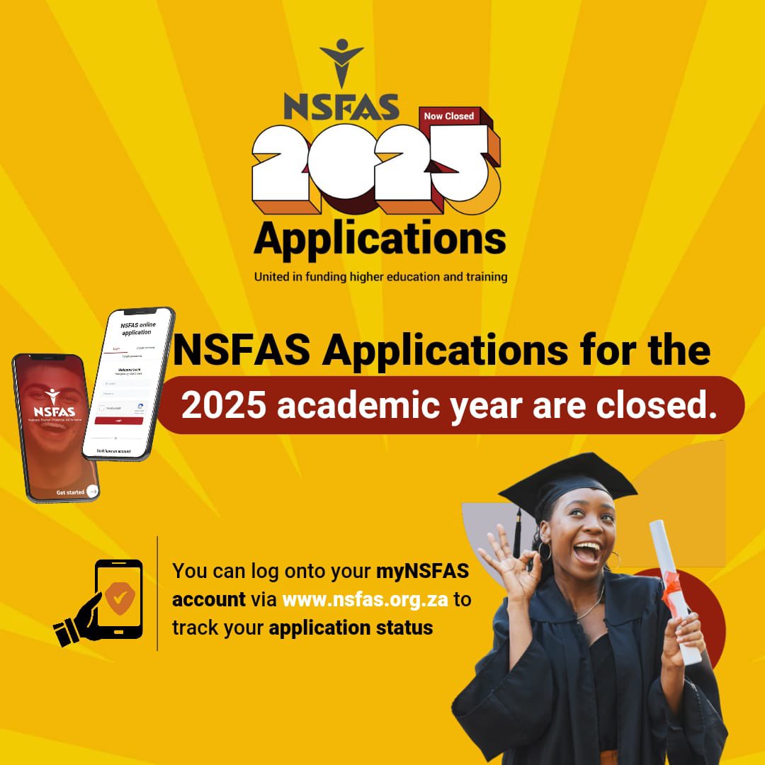 Good day Fam, it’s official…Applications for 2025 are closed. A BIG thank you to everyone who applied or assisted someone apply for funding.

Applicants can monitor their applications by logging onto their myNSFAS account.

#NSFAS2025Applications
#NSFAS2025
#NSFAS2025