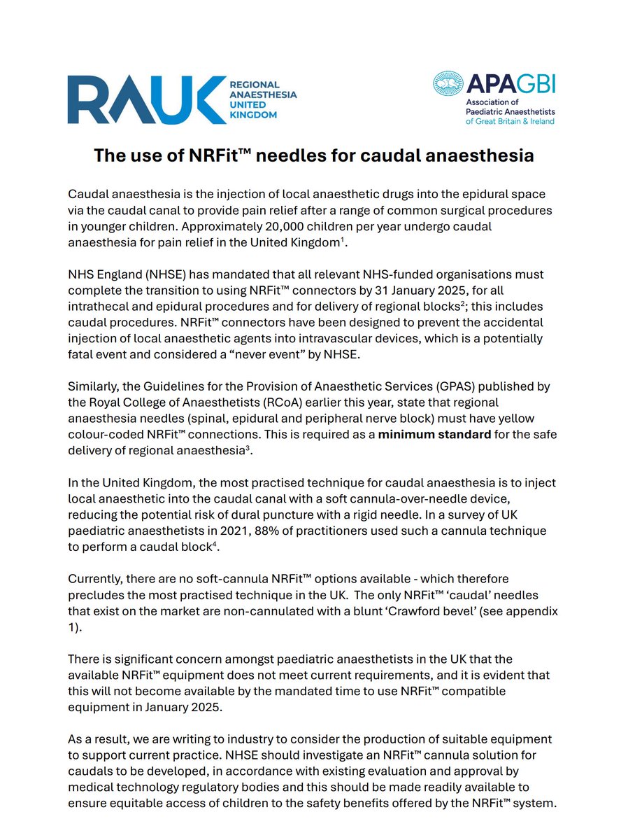 Statement on The use of NRFit™ needles for caudal anaesthesia
<a href="/RegionalAnaesUK/">RA-UK</a> @apagbi
apagbi.org.uk/news/statement… 
3 recommendations as a result of the lack of suitable NRFit™ products to provide caudal anaesthesia.
#regionalanaesthesia #pedsanes #anaesthesia