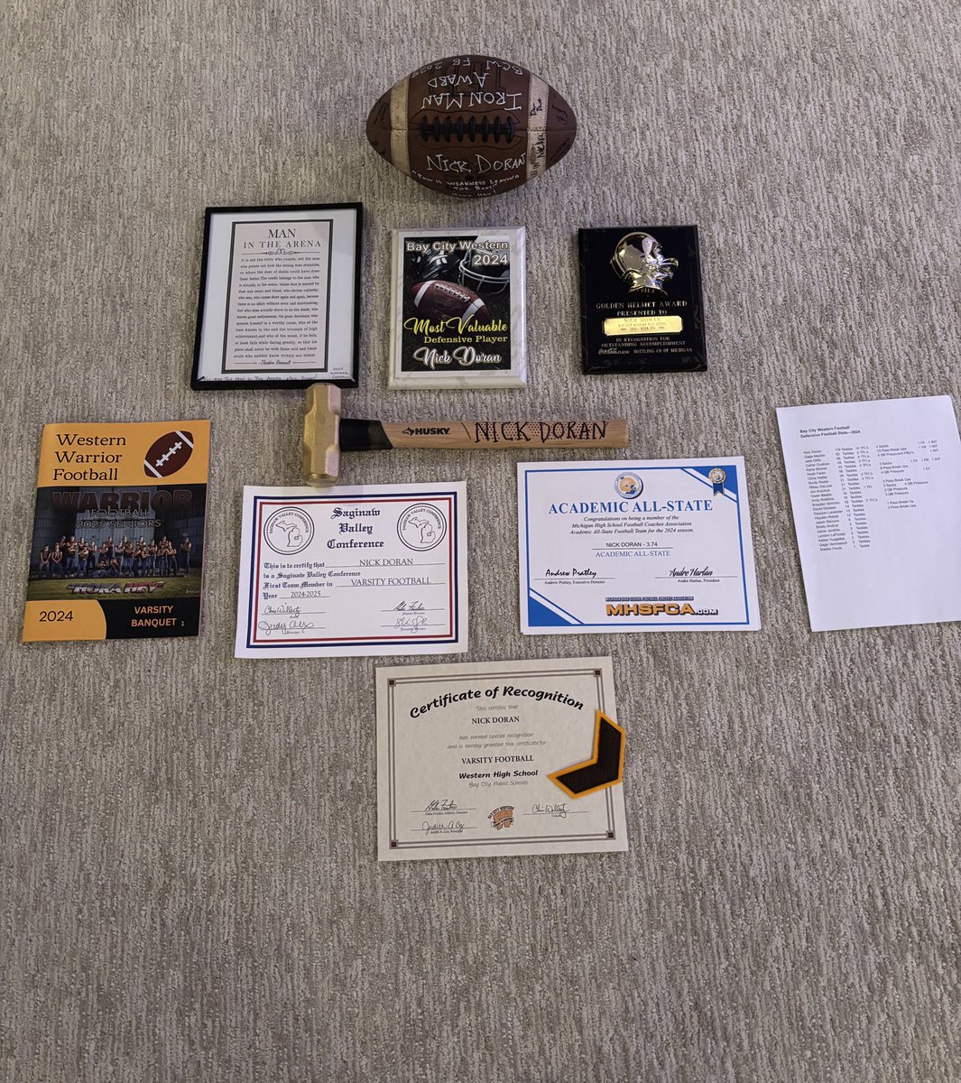 🚨End of year Stats🚨
116 Tackles 
15 TFL
4 Sacks
1 FF
1 INT
9 games only🚨
2025’
GPA 3.74📚
Bay City Western 🏠
ALSO named Defensive MVP
Golden hammer 🔨 
Iron Man award (football) 
All State academic
Man of Arena poem for Captains