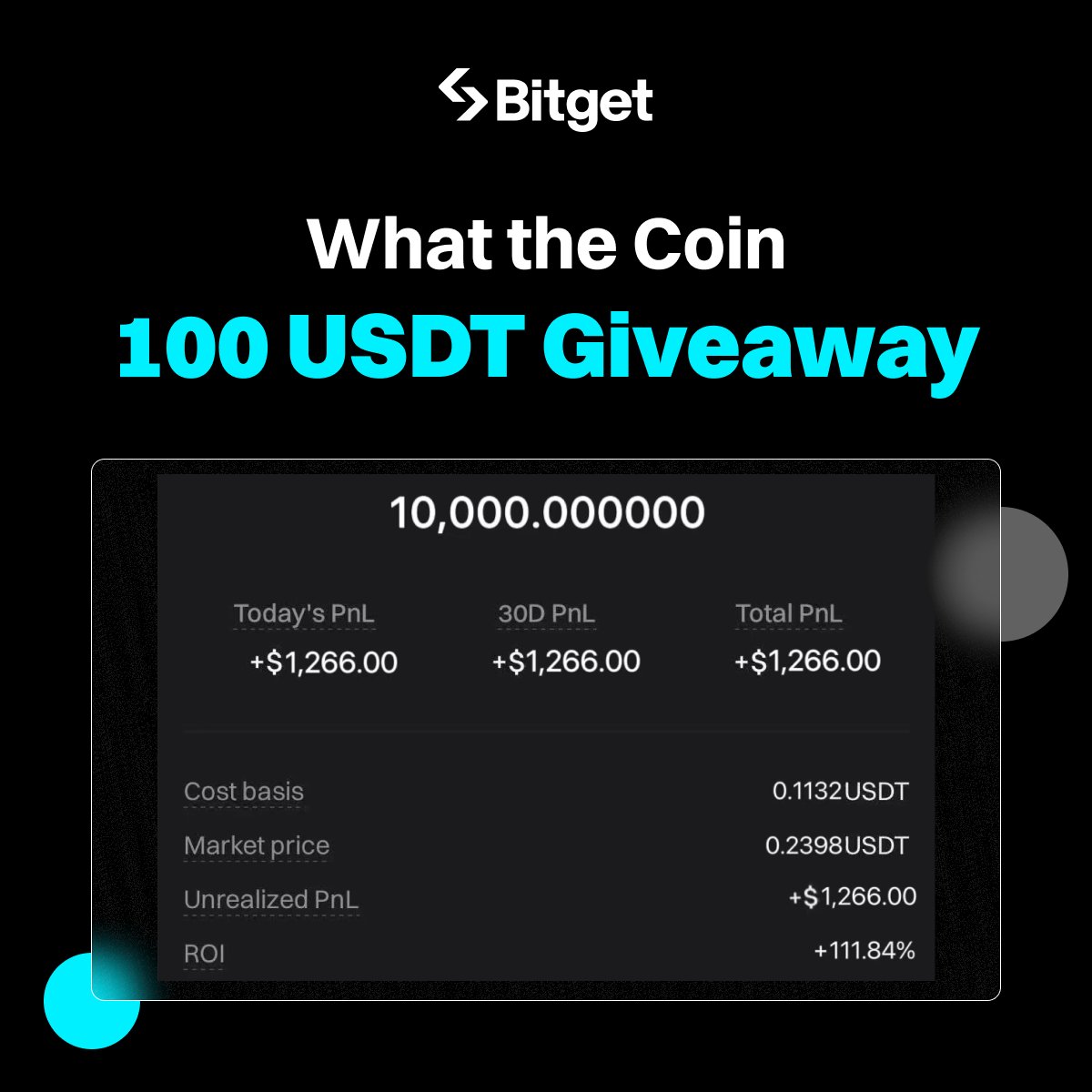 bitget's tweet image. $100 GIVEAWAY 🚨

📢 Calling all smart Coin-mes! This is a P&amp;amp;L screenshot from a real #Bitget user.

Can you identify which coin it is?

How to win ⤵️
🔹 Comment your answer using #SmartChallenge 
🔹 Follow @bitgetglobal, RT &amp;amp; tag friends
🔹 5 winners * 20 $USDT

💡 The coin…