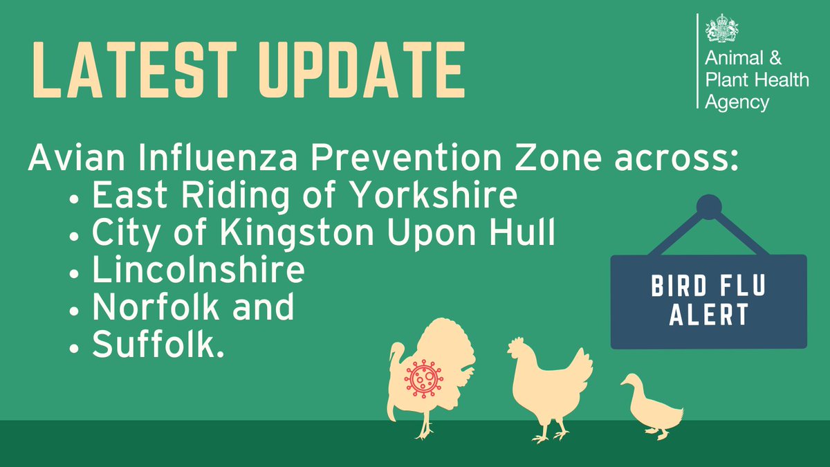 Reminder: An #AvianInfluenza Prevention Zone is now in force across the East Riding of Yorkshire, City of Kingston Upon Hull, Lincolnshire, Norfolk and Suffolk. See GOV.UK gov.uk/government/new…