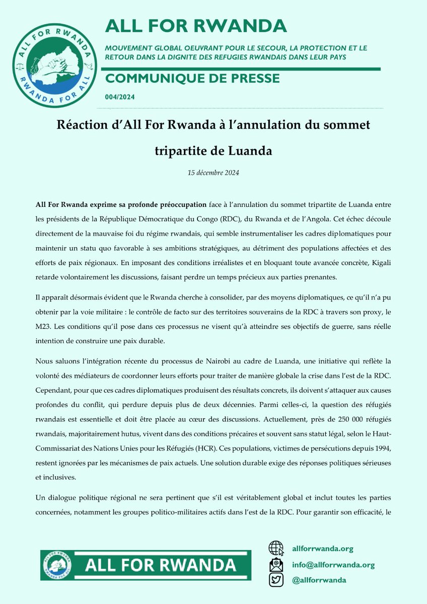 allforrwanda's tweet photo. 🚨 All For Rwanda réagit à l’annulation du sommet de Luanda. Nous dénonçons la mauvaise foi du régime rwandais, qui bloque les efforts de paix, et appelons à des solutions plus inclusives pour une paix durable dans les Grands Lacs.
#ProcessusdeLuanda
🔗 https://t.co/6NZkTkWSHn https://t.co/bAYsbcJnB8