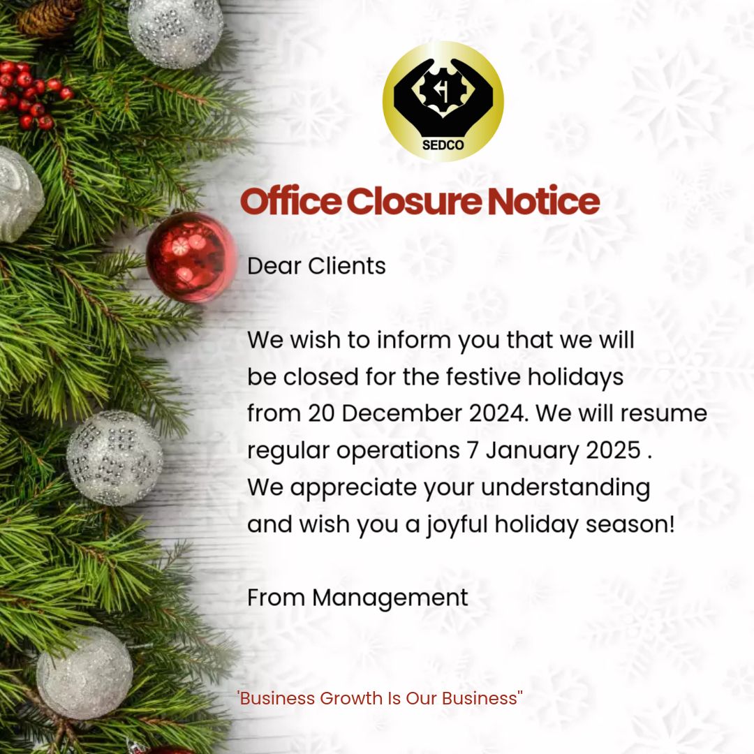 Notice of SEDCO Office Closure for Festive Holidays.