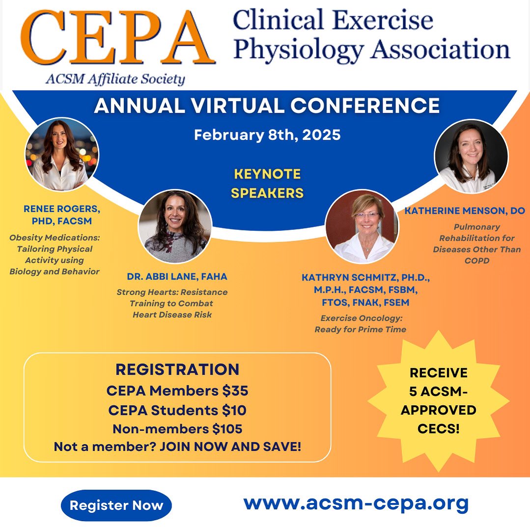 Join us on Feb 8th, 2025 for a full day of learning at the annual clinical exercise physiology virtual conference. This online event includes sessions, e-posters, breakout sessions, innovative research and clinical practice presentations. Registration is now open