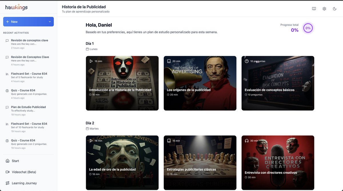 En marzo de este año empezamos <a href="/wearehawkings/">Hawkings</a>, y llevamos 38.000 exámenes evaluados con IA, con su tutor sobre examen generado para cada alumno. Todo integrado en Moodle/Canvas/Classroom. 

Hoy presentamos en privado Hawkings Vision 2025. Un tutor personal aplicando metodologías