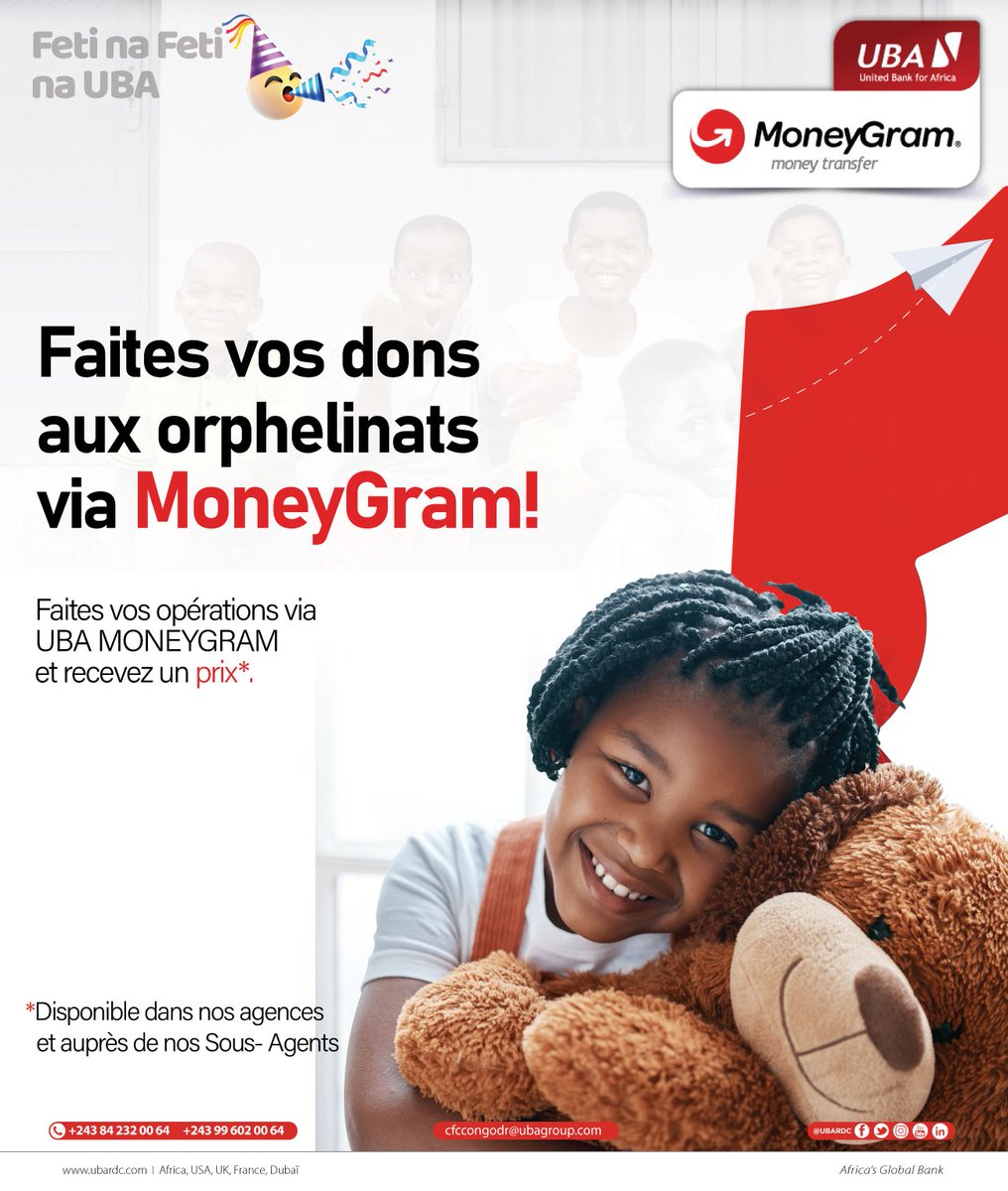 UBARDC's tweet image. #ubamoneygram 
Redonner du sourire!

Nos Sous-Agents sont à votre service pour 𝗹𝗲 𝗿𝗲𝘁𝗿𝗮𝗶𝘁 et 𝗲𝗻𝘃𝗼𝗶 d'argent via #MoneyGram et #Africash 
Trouvez la liste de nos Sous-Agents ici:👇 ibb.co/nfs3PFt
#ubafetinafeti #Fete #uba #RDC