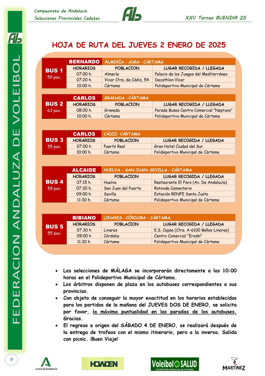🎉🏐 ¡Ya está todo listo para los Campeonatos de Andalucía de Selecciones Provinciales Juveniles y Cadetes!

🟢 A continuación, presentamos el Cronograma, los Responsables de las distintas Áreas y la Hoja de Ruta, tanto del Herdugo como del Buendía 💪

¡Nos vemos en la pista! 🙌