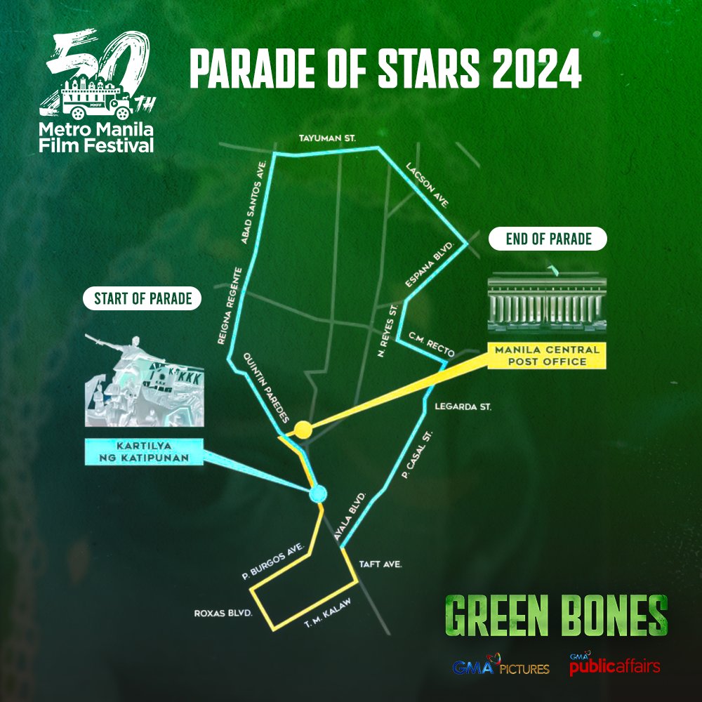 gmanetwork's tweet photo. Ready na ba kayong makita sina Dennis Trillo at Ruru Madrid?

Ang lead stars ng GMA Pictures at GMA Public Affairs' official entry sa 50th Metro Manila Film Festival na 'Green Bones', kasama ang iba pang cast ng pelikula, present sa darating na 'Parade of Stars' sa City of Manila, Sabado, December 21!

Para sa inyong gabay, tingnan ang ruta ng gaganaping parada sa poster.

Huwag palampasin ang pagkakataong ito! Mas masaya ang Pasko kapag kasama ka sa MMFF ngayong taon. Kitakits!

#GreenBonesMovie
