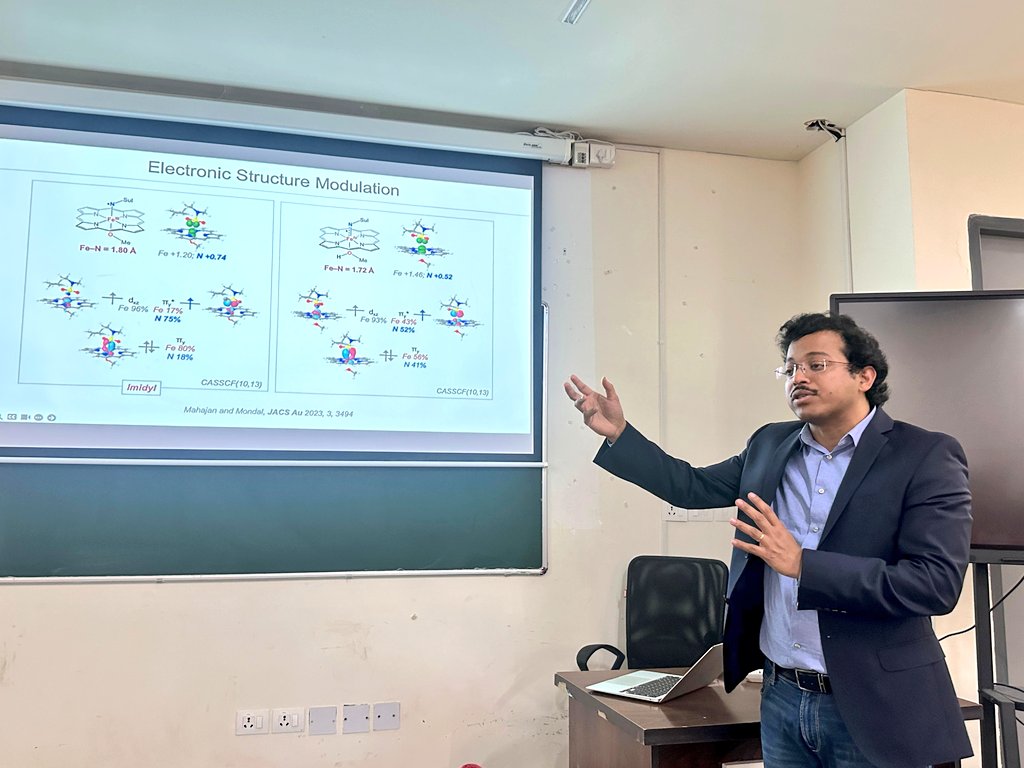 cicg_group's tweet image. Glad to host @CompCatLab (Prof. Bhaskar Mondal). His lecture on “Electronic structure and reactivity of metal nitrenoid species” was truly enlightening. #CASSCF #Electronic structure #Open shell systems #Bioinspired catalysis.@cicg_group @CHYIITH @IITHyderabad @SaurabhKS88