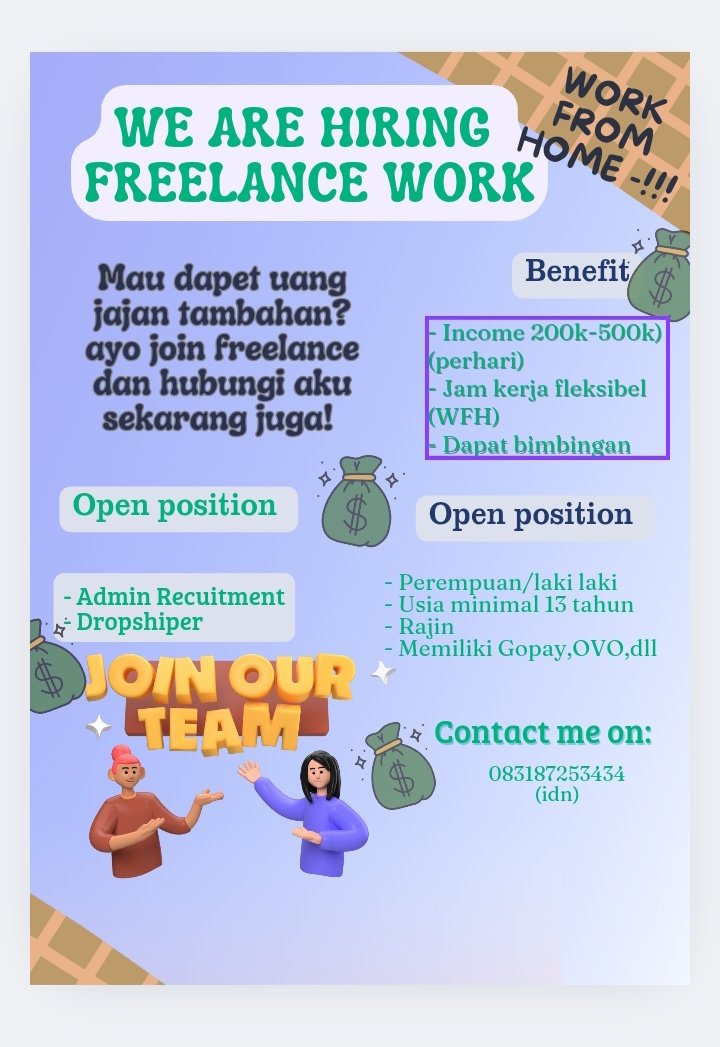 halloo, kita open recruitment freelance wfh!

~minimal usia 13 taun

~wajib punya rekening/e-wallet buat nerima fee nanti ya

let's go dm/chat buat tanya detail jobdesknyaa ♡

#zonauang #InfoLoker #zonajajan