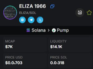 SusanBoojozwiak's tweet photo. ↗️New Call : $ELIZA    / 🪙SOL

MC    :     7K 

CA : 3xjBGdxLjDABsoFtedm426nzxwdM3657YFM3dnnRpump

TG : https://t.co/pOc5RjD6Kn

#MVRS #SHITCOIN #DEGEN #MOM #frtdog #NYANCAT #ZERC #capa #NCLAUS #PUTINAI #SOL #Solana #NoVA #ObsidyxAI #RIZZMAS https://t.co/68yRU4Evqw