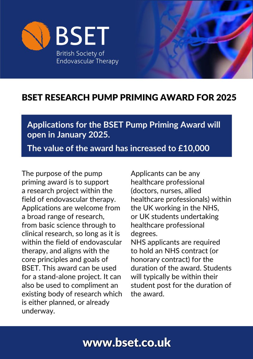 BSET (@bsetnews) on Twitter photo The application process for the 2025 BSET Pump Priming Award will open in January. The value of the award has increased to £10,000.
<a href="/RouleauxClub/">Rouleaux Club</a> <a href="/TraineesBSIR/">BSIR Trainees (British Society of IR Trainees)</a> <a href="/VSGBI/">Vascular Society</a> <a href="/BSIR_News/">The British Society of Interventional Radiology</a> <a href="/IRadResearch/">UK IR Trainee Research Collaborative (UNITE)</a> The application process for the 2025 BSET Pump Priming Award will open in January. The value of the award has increased to £10,000.
<a href="/RouleauxClub/">Rouleaux Club</a> <a href="/TraineesBSIR/">BSIR Trainees (British Society of IR Trainees)</a> <a href="/VSGBI/">Vascular Society</a> <a href="/BSIR_News/">The British Society of Interventional Radiology</a> <a href="/IRadResearch/">UK IR Trainee Research Collaborative (UNITE)</a>
