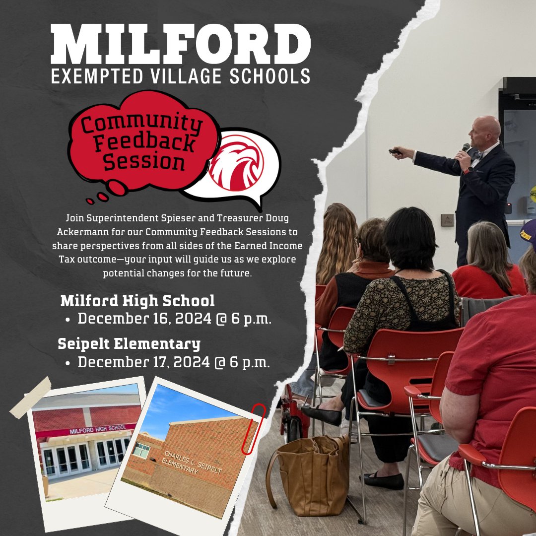 📢 Join us tonight at 6 PM @MilfordHigh for a Community Feedback Session with Supt. Spieser &amp; Treasurer Ackermann! Share your thoughts &amp; ask financial questions. 

💬 Can't make it? Join us tomorrow at Seipelt Elementary, also at 6 PM.

Learn more: milfordschools.org/article/1877469