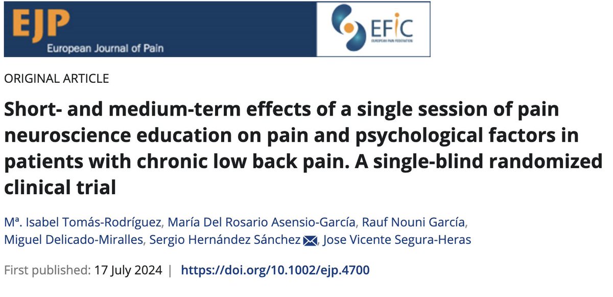 Sociedad Española del Dolor #SEDolor25 (@sedolor) on Twitter photo 📘Short- and medium-term effects of a single session of pain neuroscience education on pain and psychological factors in patients with chronic low back pain. A single-blind randomized clinical trial
Mª. Isabel Tomás-Rodríguez et al.
s.mtrbio.com/qtideoiybt #EJP <a href="/EFIC_org/">European Pain Federation EFIC®</a> 📘Short- and medium-term effects of a single session of pain neuroscience education on pain and psychological factors in patients with chronic low back pain. A single-blind randomized clinical trial
Mª. Isabel Tomás-Rodríguez et al.
s.mtrbio.com/qtideoiybt #EJP <a href="/EFIC_org/">European Pain Federation EFIC®</a>