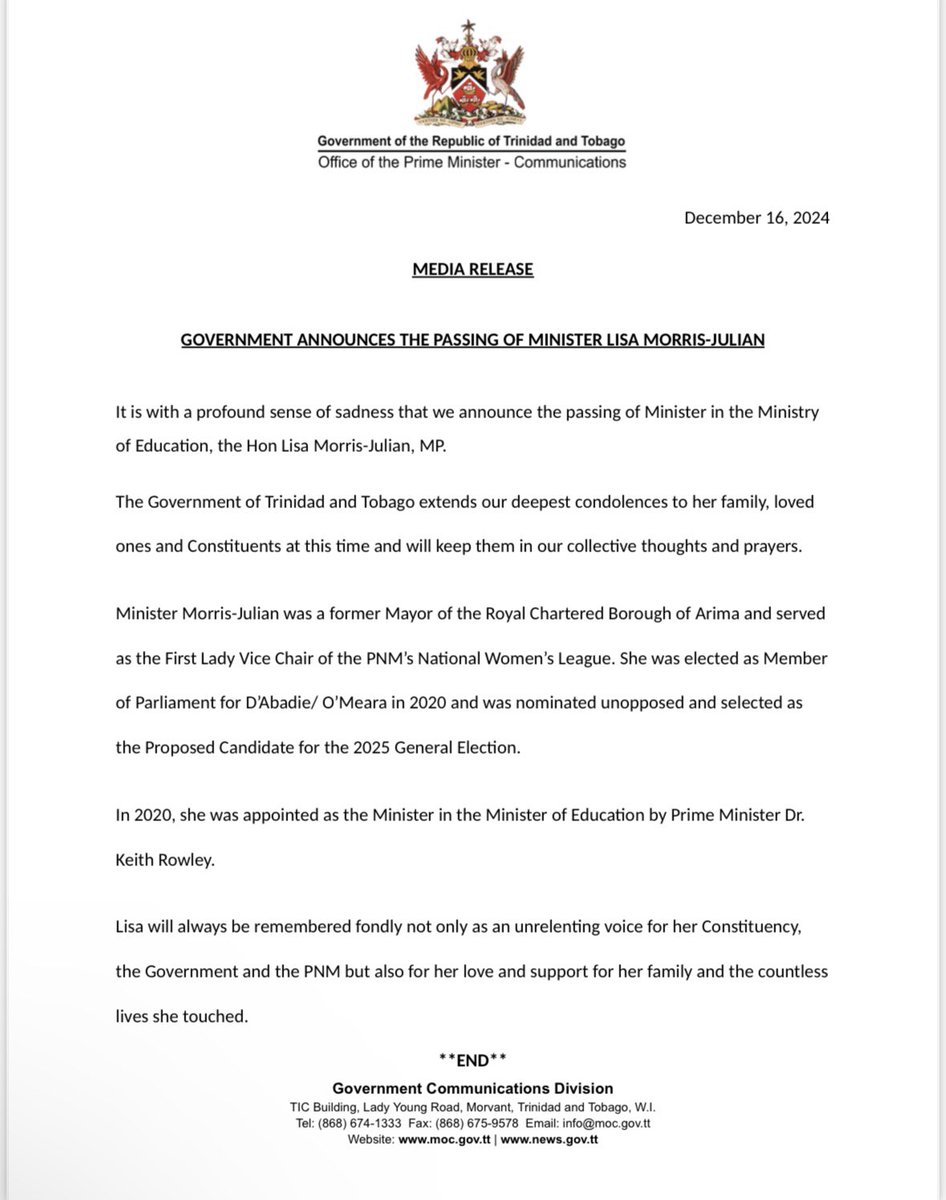 Minister in the Ministry of Education Lisa Morris-Julian died tragically this morning.