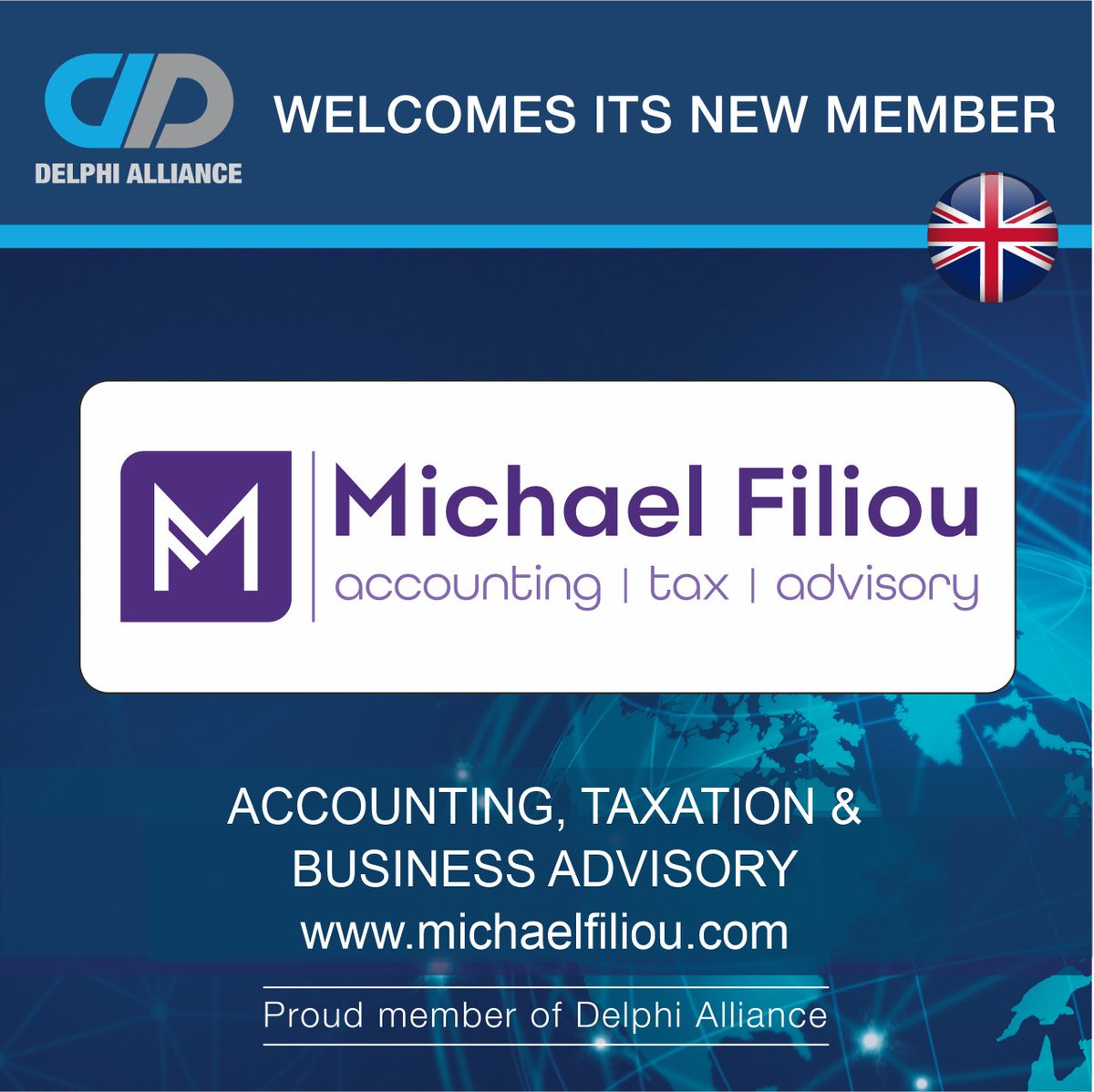DelphiAlliance's tweet photo. Welcome Michael Filiou Ltd to the Delphi Alliance!

We’re delighted to introduce Michael Filiou Chartered Certified Accountants, as our UK founding member! This exciting addition marks the opening of the UK market, expanding our global reach and expertise. https://t.co/kU8Sd9IdUN