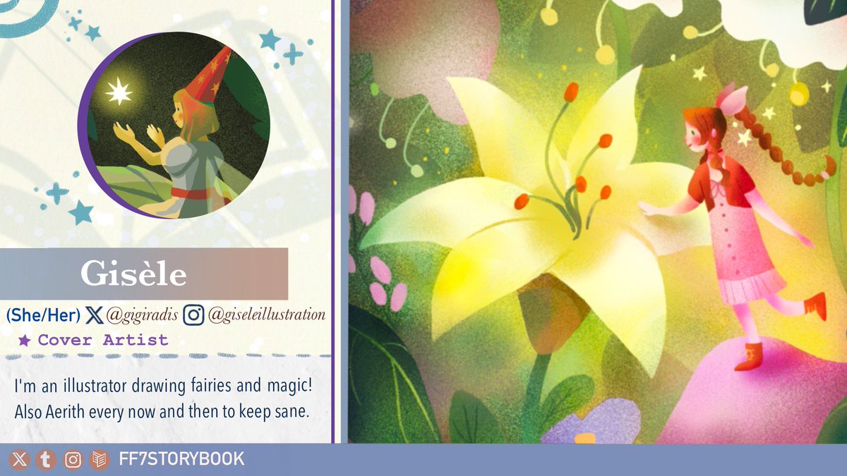 Welcome <a href="/gigiradis/">Gisèle 🌙</a> to #FF7Storybook as 📖our cover artist🗡️! Gisèle loves The Little Prince, and her favorite FF7 character is Aerith.