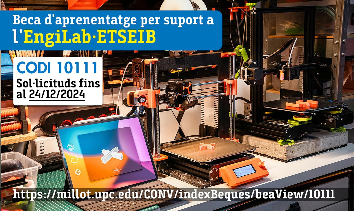 ETSEIB_UPC's tweet photo. 🔝 Nova beca d'aprenentatge per a suport a l’#EngiLab de l’#ETSEIB.
🔹 Codi 10111
🔹 20 hores setmanals
🔹 Sol·licituds fins al 24/12/2024
👉 Inscriu-te ja!
https://t.co/K6VxYr3yLI https://t.co/3vLe9IkU5t