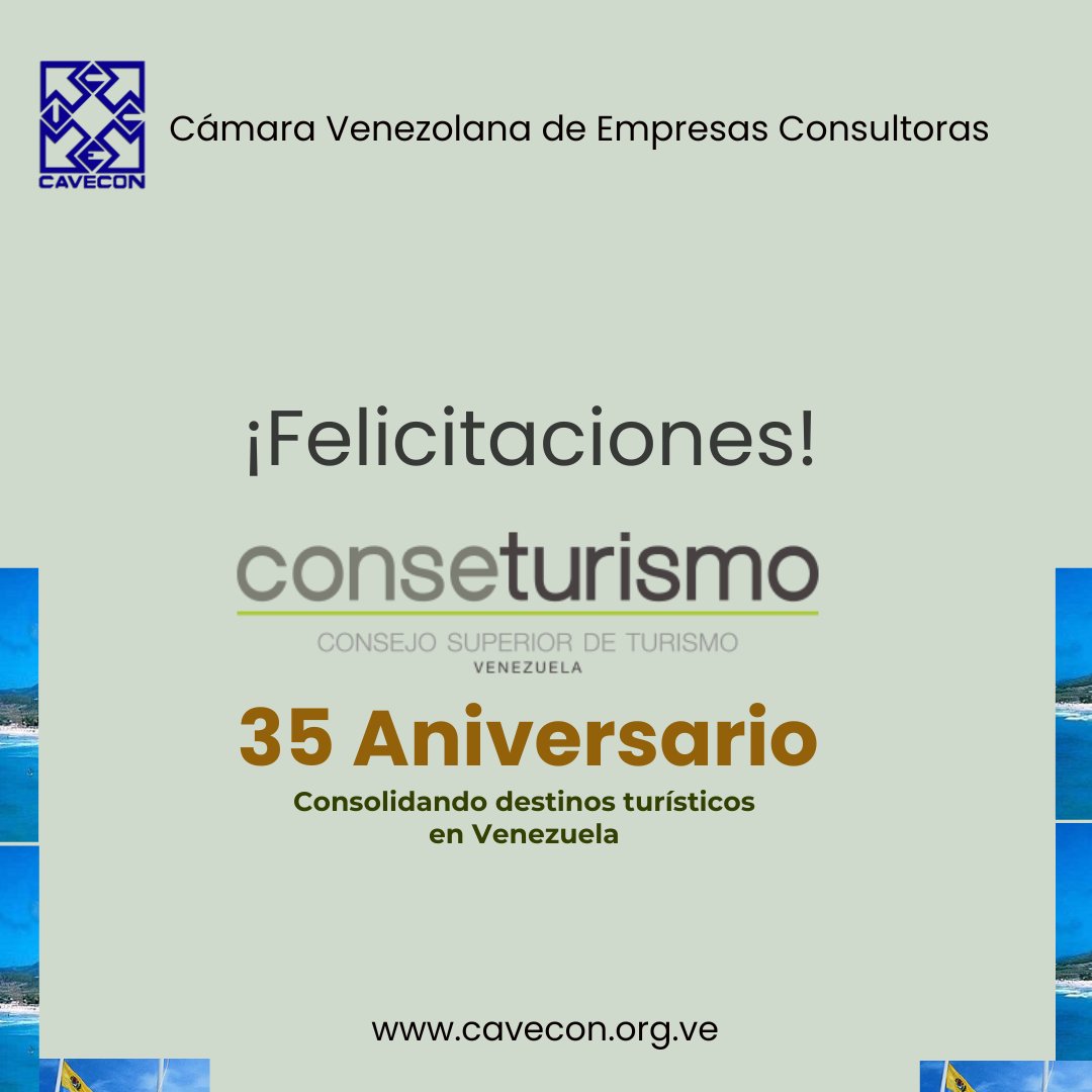 cavecon1's tweet photo. La Junta Directiva de CAVECON, felicita a @CONSETURISMO por sus 35 años al frente del desarrollo turístico en Venezuela.
#Turismo #gremio #consultoria https://t.co/yOahh8RKbA