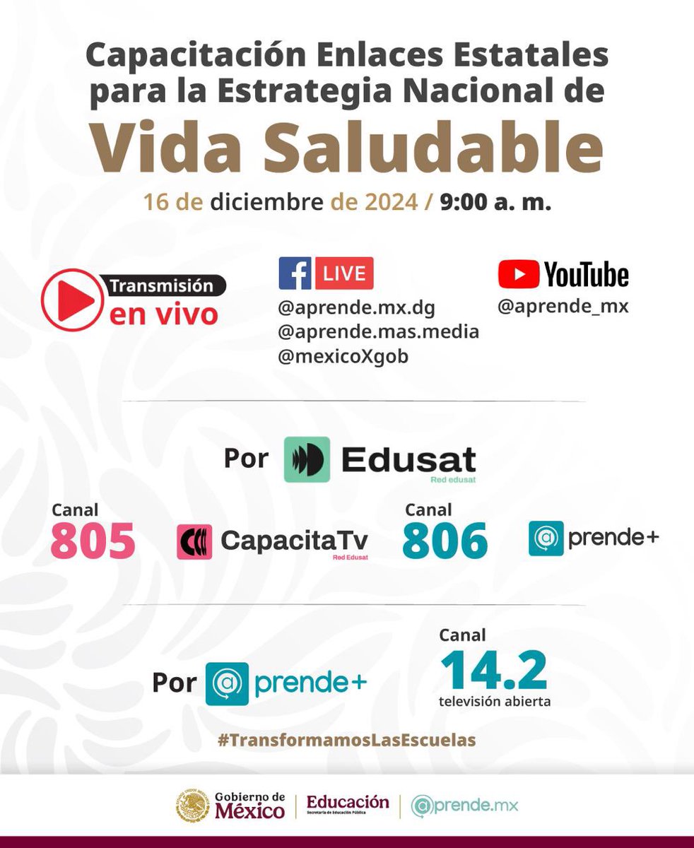 Pimentela_'s tweet photo. ¡Es hoy! A partir de las 9 h inicia la Capacitación de Enlaces para la Estrategia Nacional de #VidaSaludable. La podrán seguir en vivo a través de las redes sociales de @aprende_mx y la @SEP_mx, por la #RedEdusat y en el 14.2 de tv abierta. ✌🏼
#TransformamosLasEscuelas🏃♂️🏃♀️ https://t.co/c0ZJEHKTTx
