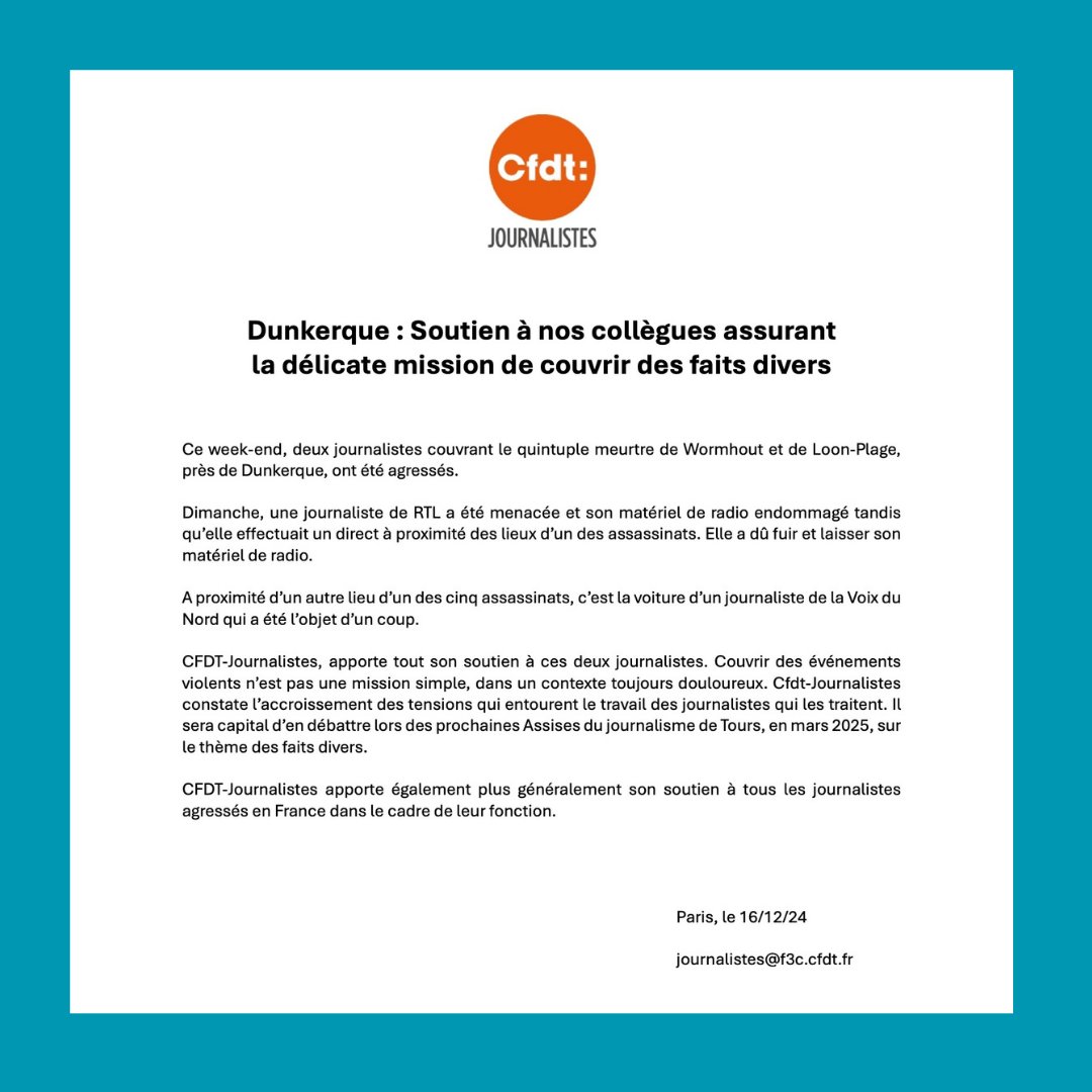 CFDT Journalistes (@usjcfdt) on Twitter photo Soutien aux #journalistes agressés durant leur couverture du quintuple assassinat du secteur de Dunkerque. 
cfdt-journalistes.fr/2024/12/16/dun… Soutien aux #journalistes agressés durant leur couverture du quintuple assassinat du secteur de Dunkerque. 
cfdt-journalistes.fr/2024/12/16/dun…