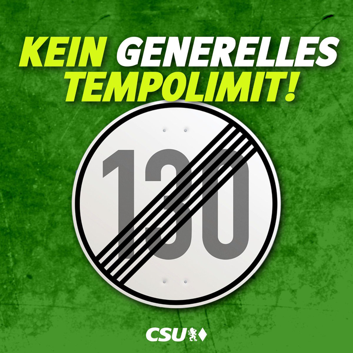 CSU's tweet photo. Schon wieder: Die Grünen können es einfach nicht lassen und greifen mal wieder in die Verbotskiste. In ihrem Wahlprogramm fordern sie wiederholt ein generelles #Tempolimit auf deutschen Autobahnen. 
Unsere Autobahnen gehören zu den sichersten der Welt – auch ohne generelles Tempolimit. Modernste Technik, gezielte Maßnahmen an Gefahrenstellen und das Vertrauen in die Eigenverantwortung der Fahrerinnen und Fahrer machen den Unterschied. Ein generelles Tempolimit ist eine Gängelung von Millionen Autofahrerinnen und Autofahrer. Wir sagen ganz klar: Mit uns wird es kein generelles Tempolimit geben!