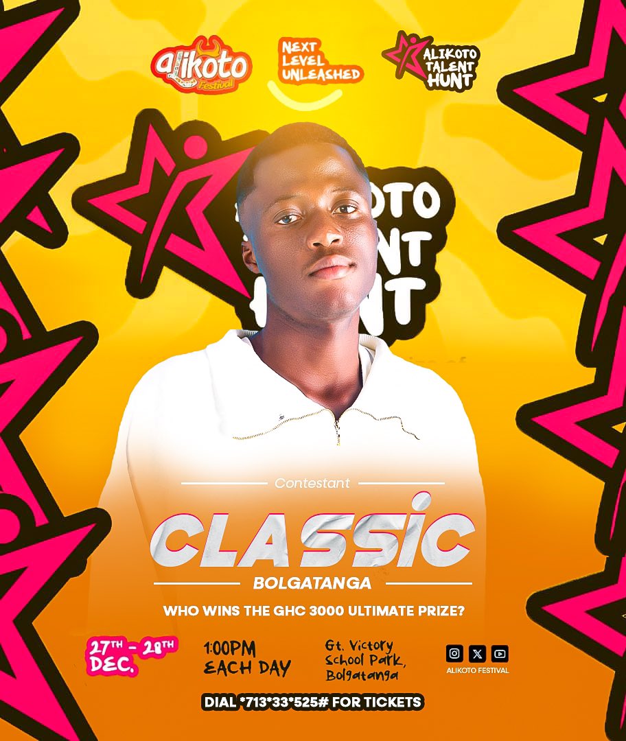 AlikotoF's tweet photo. Meet this year’s Talent Hunt’s Final contestants who will be lighting up the stage! 🎤💃✨ 

A. Classic : Dancer, reping Bolga
B. Juni Bwoy: Singer, reping Navrongo 

Stay tuned for more updates, and let’s cheer them on to greatness!”

#alikotofestivalbolga
#nextlevelunleashed https://t.co/GJOjIYnRxf