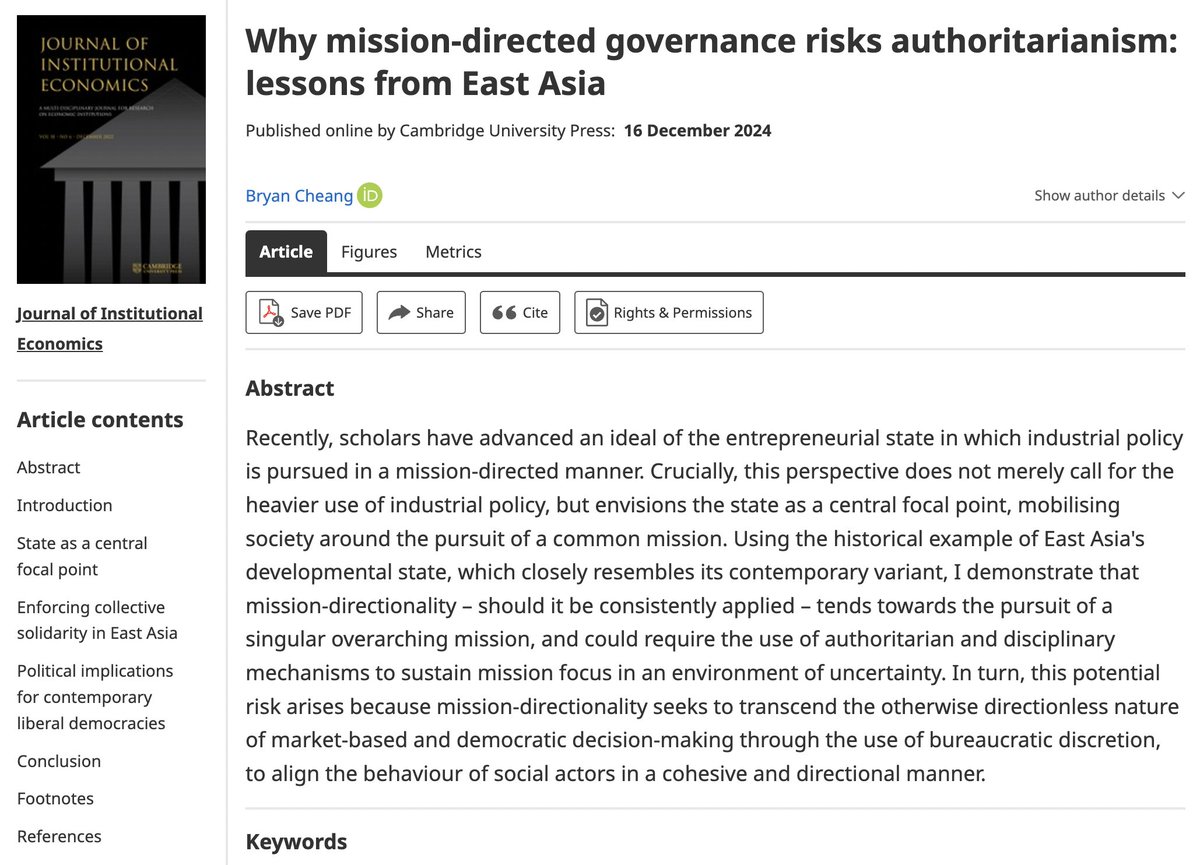 bryancheang_'s tweet image. 1/ 🚨 Just published in Journal of Institutional Economics! 🚨
💡 My article critically examines mission-directed governance, a model increasingly touted for solving contemporary challenges in the neoliberal age. But does its logic inherently risk authoritarianism? 🤔
🧵👇