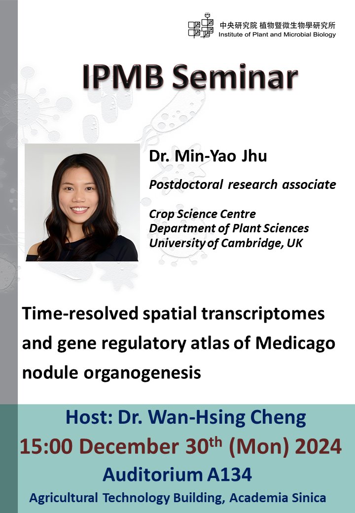 minyaojhu's tweet image. I'll be giving a seminar at the Institute of Plant and Microbial Biology, Academia Sinica on December 30th. I look forward to discussing my work on plant organogenesis and exploring how spatial transcriptomics unlocks new insights into nodule development.☘️