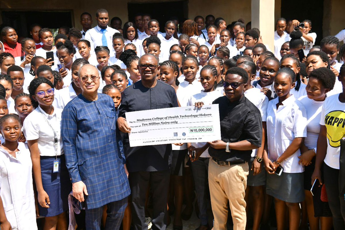 PeterObi's tweet photo. Madonna College of Health Technology, Olokoro. 

Following my visit to the Women Fellowship Pastoral Project, Umuahia, and my commitment to supporting the critical sectors of health, education, and fighting poverty, I visited Madonna College of Health Technology, Olokoro, Abia State, where I donated N10 million to the institution.

Madonna College of Health trains health professionals who will contribute, in many ways, to a better health sector in the nation. With our health sector in Nigeria suffering from a severe shortage of health professionals, institutions like these that serve to bridge the gap by contributing immeasurably to the training of health professionals should be supported to do more.

As I continue to support, in my way, the health and educational institutions across the country, I remain firm in my call for increased government funding in these critical sectors of health and education, in our nation. We must begin to prioritize the future of our nation by making such aggressive investments today in these critical sectors.

I took time to encourage the students to look beyond their academic journey and see themselves as critical contributors to the development of our nation and change agents contributing to a better humanity. 

This, I believe, will help them make productive contributions to society.

I appreciate the proprietor, the management, and the staff of the College for their good work. 

Together, we all will build the New Nigeria we all deserve. It is POssible. -PO