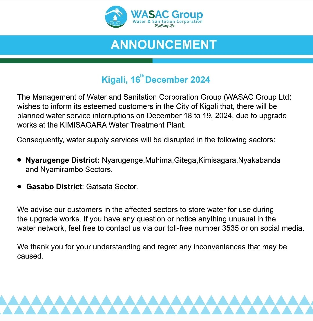 Water and Sanitation Corporation Group |Rwanda (@wasac_rwanda) on Twitter photo #Iburaryamazi mu Turere twa <a href="/Nyarugenge/">Nyarugenge District</a> na <a href="/Gasabo_District/">Gasabo District</a> tariki 18 na 19 Ukuboza 2024 kubera ibikorwa byo kwagura uruganda rutunganya amazi rwa #Kimisagara.
#Watershortage. Planned water service interruptions from December 18 to 19 ,2024, due to upgrade works at #Kimisagara #Iburaryamazi mu Turere twa <a href="/Nyarugenge/">Nyarugenge District</a> na <a href="/Gasabo_District/">Gasabo District</a> tariki 18 na 19 Ukuboza 2024 kubera ibikorwa byo kwagura uruganda rutunganya amazi rwa #Kimisagara.
#Watershortage. Planned water service interruptions from December 18 to 19 ,2024, due to upgrade works at #Kimisagara