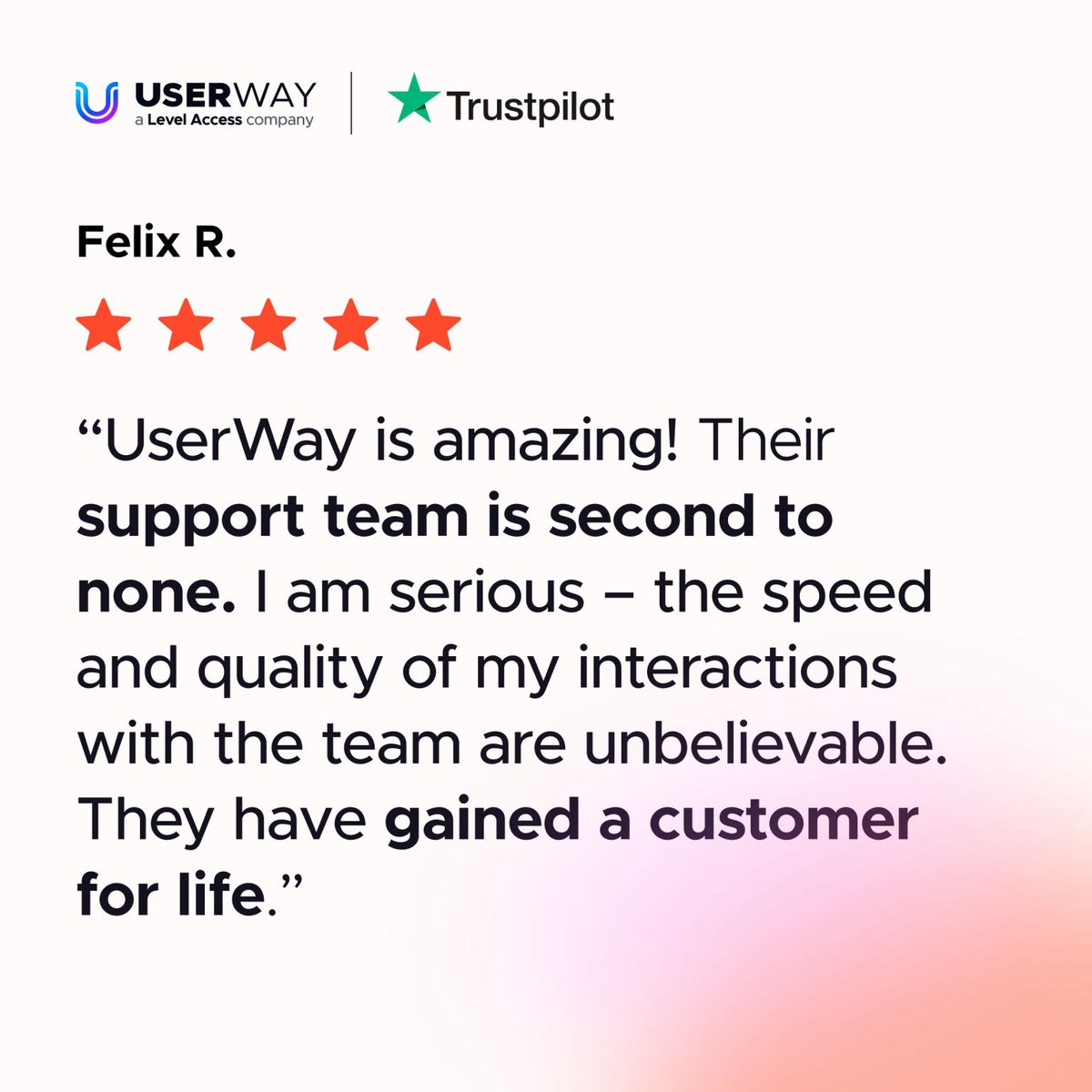Kicking off the week with some incredible user feedback! 👏

👉 Are you prioritizing #DigitalAccessibility? Head to userway.org to start your journey today 🚀

#A11Y #UserWay #WebAccessibility