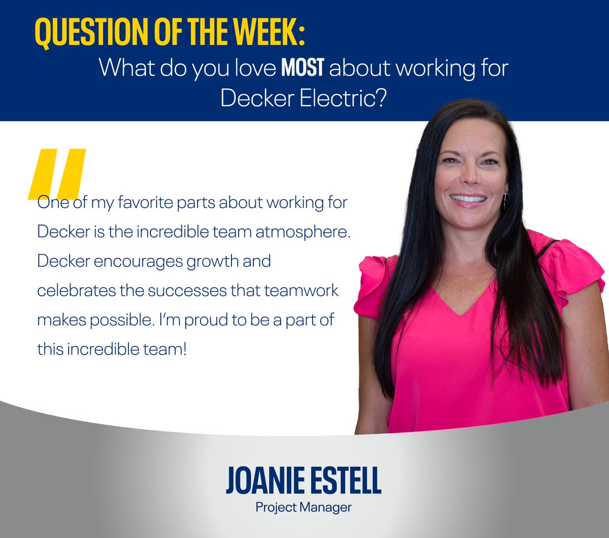We love hearing that our employees feel supported and valued and we're so lucky to have Joanie on our team. Here’s to many more moments of growth and success together!

#DeckerElectric #employeetestimonial #companyculture #electricalcontractor